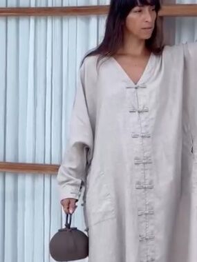 MYRAH PENALOZA 100% Linen Frog Button Asian Inspired Dress One Size NWT